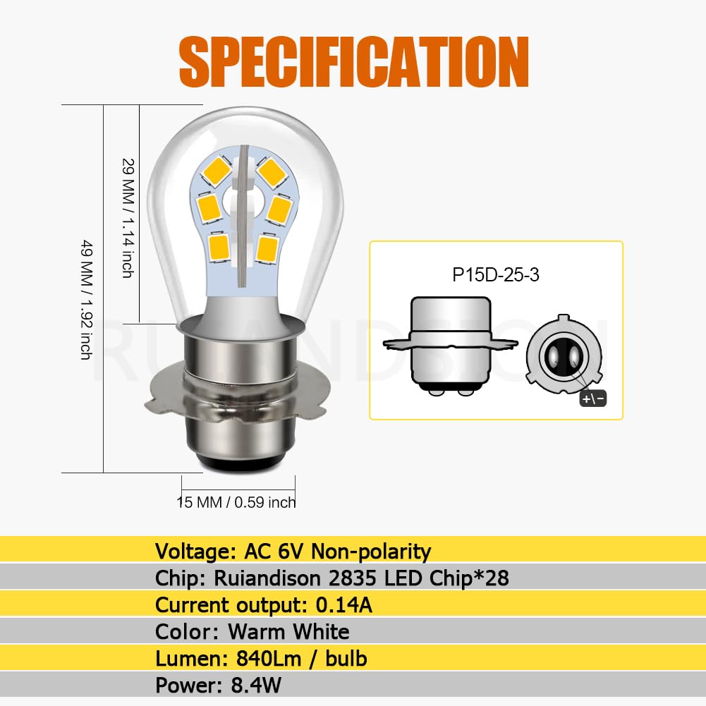 Ruiandsion P15D-25-3 LED Motorrad-Glühbirne Warmweiß AC/DC 6V