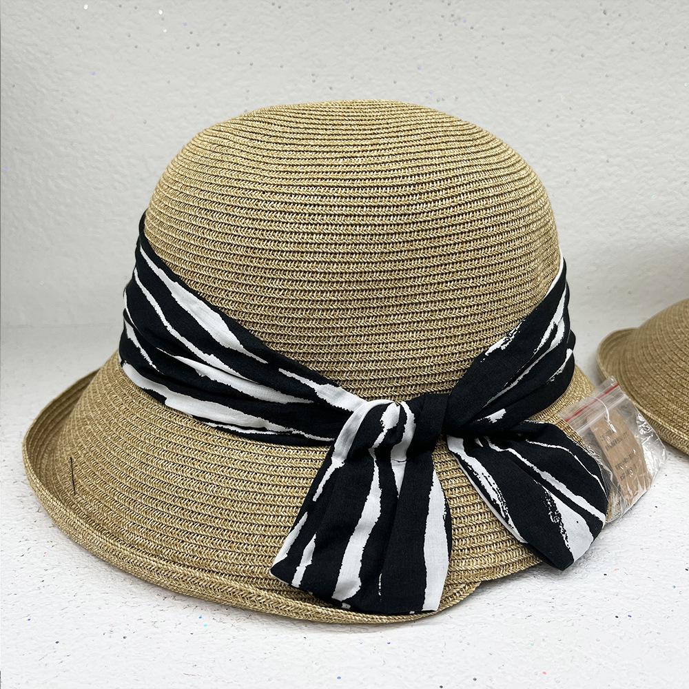 

Quality Curled Summer Striped Bow Dome Straw Hat Beach Vacation Sunscreen Foldable Sun Hat Tide Adult (56-58cm) чорний