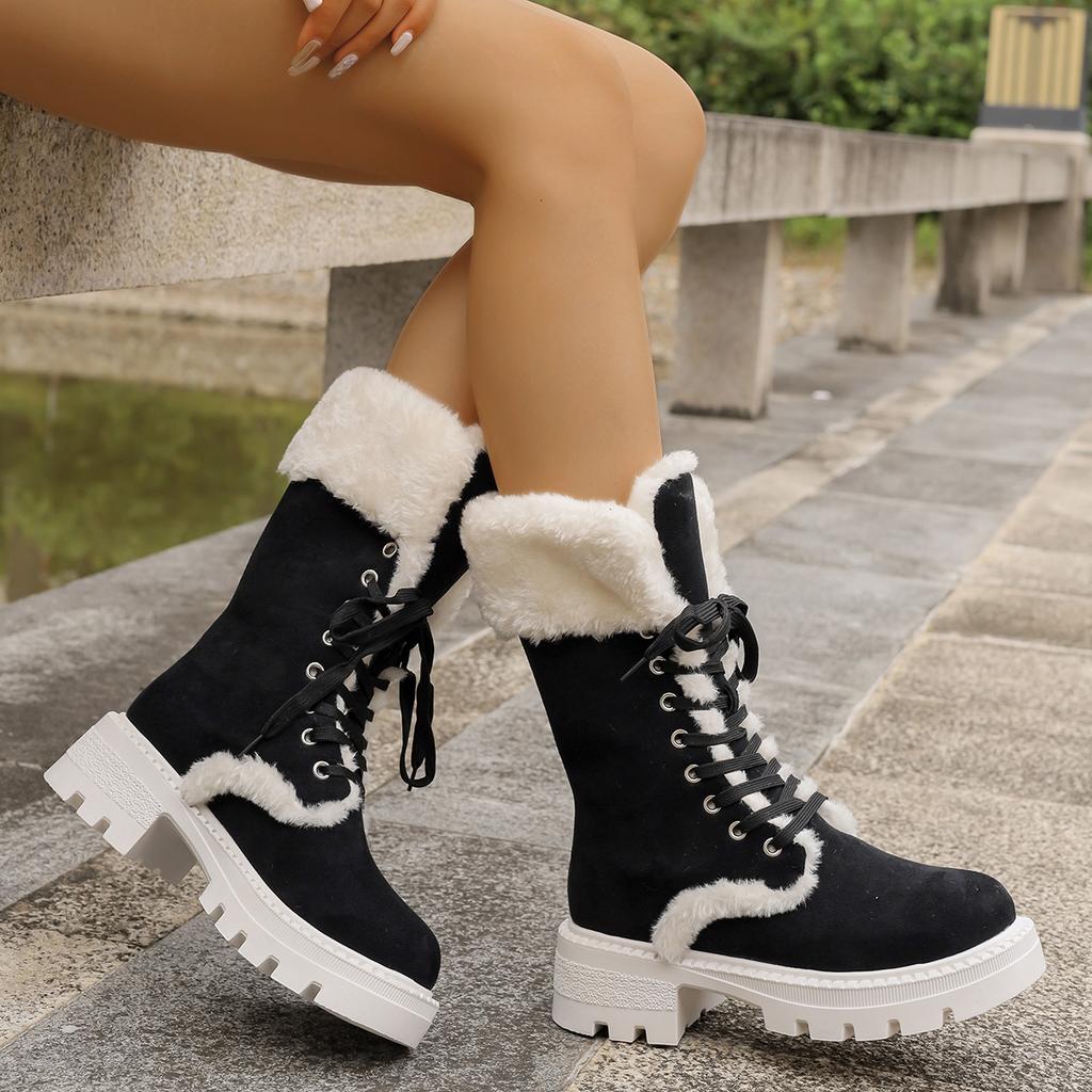 Módní Zateplené Plyšové Dámské Sněhule 2025 Nové Sněhule do Poloviny Lýtka na Šněrování Platforma Kotníkové Boty z Umělé Kožešiny Dámské Zesílené Bavlněné Boty