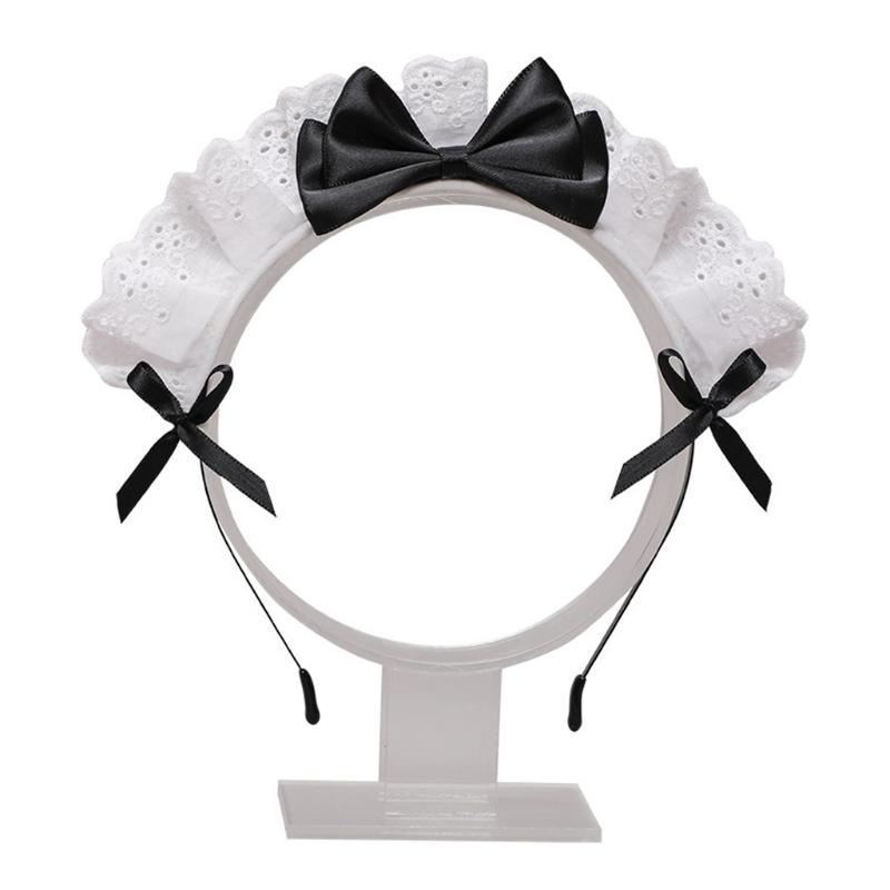 Lovely Sweet Hairband Anime Maid Cosplay Headband Lolita Ruffled Lace Headwear Handmade Satin Bowknot Hair Accessory