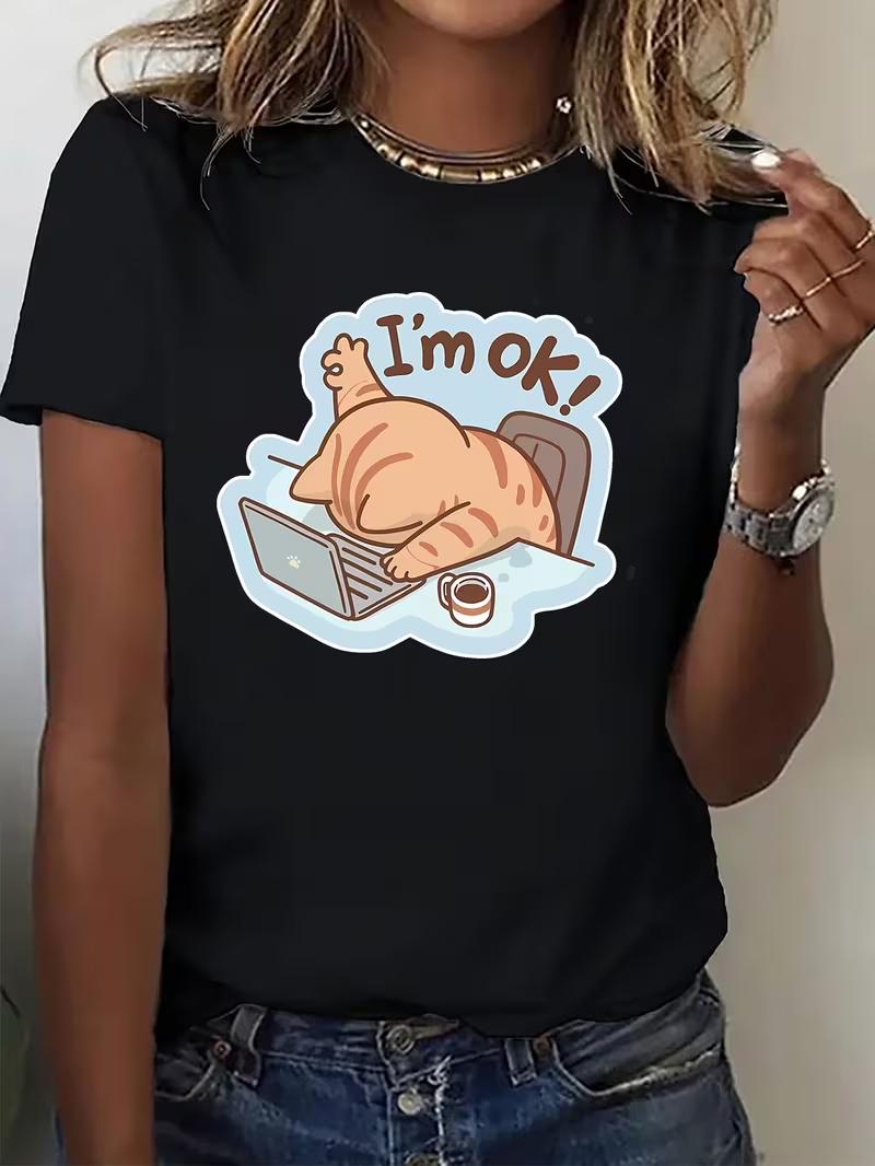 Cute Working Cat Im OK TShirt WomenS Casual Short Sleeve Whimsical Cat Laptop Design Perfect for Daily Streetwear S