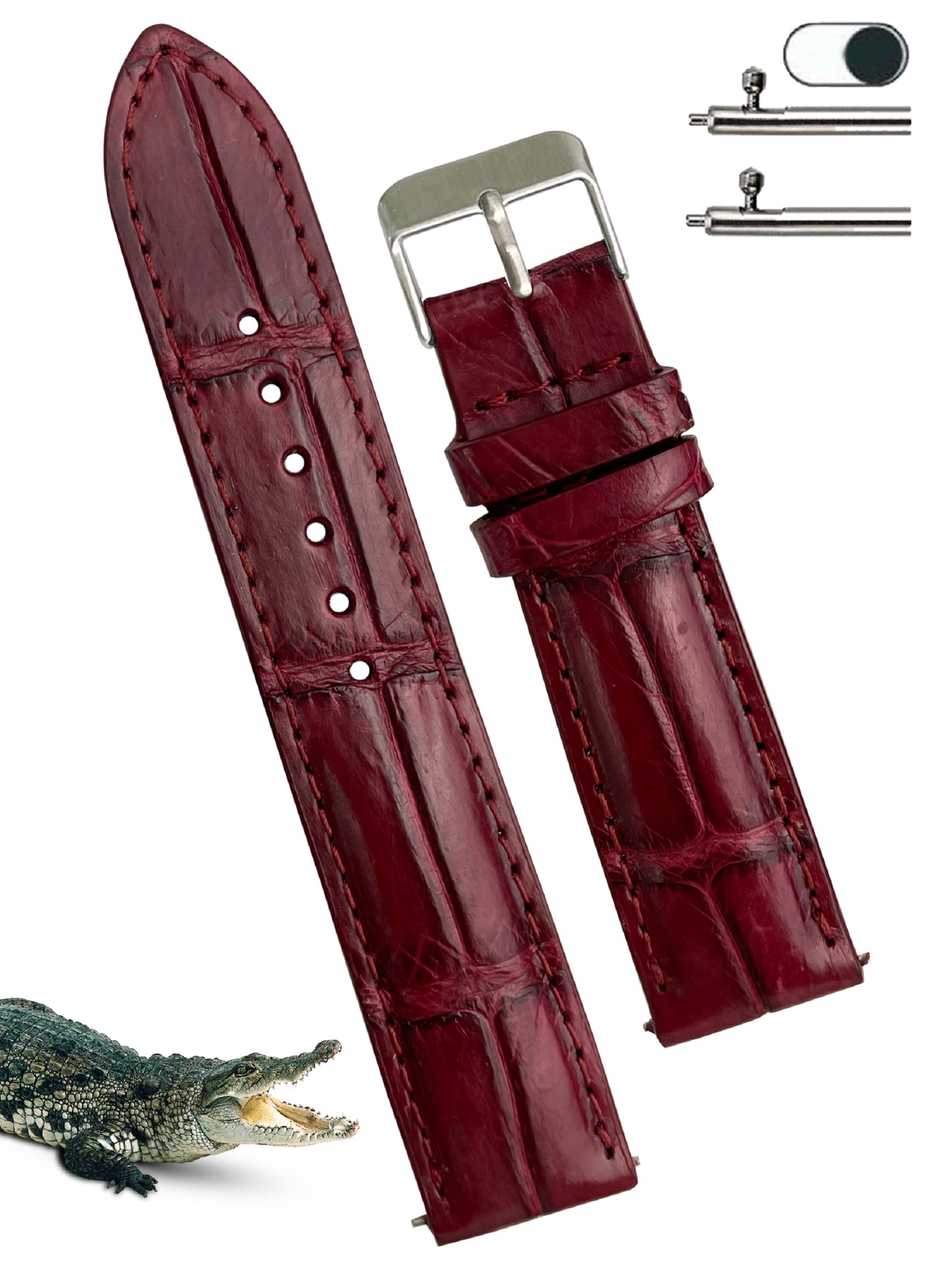 

[vietnamcreations] 20mm Wine-colored Crocodile Watch Strap, Quick Release, Crocodile Leather Replacement Watch Band with Wrist Buckle, Bordeaux,