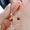 Exquisite 2025 French Fashion Red Tassel Earrings with Rhinestone-Leaf and Frosted Pearl Design for Women