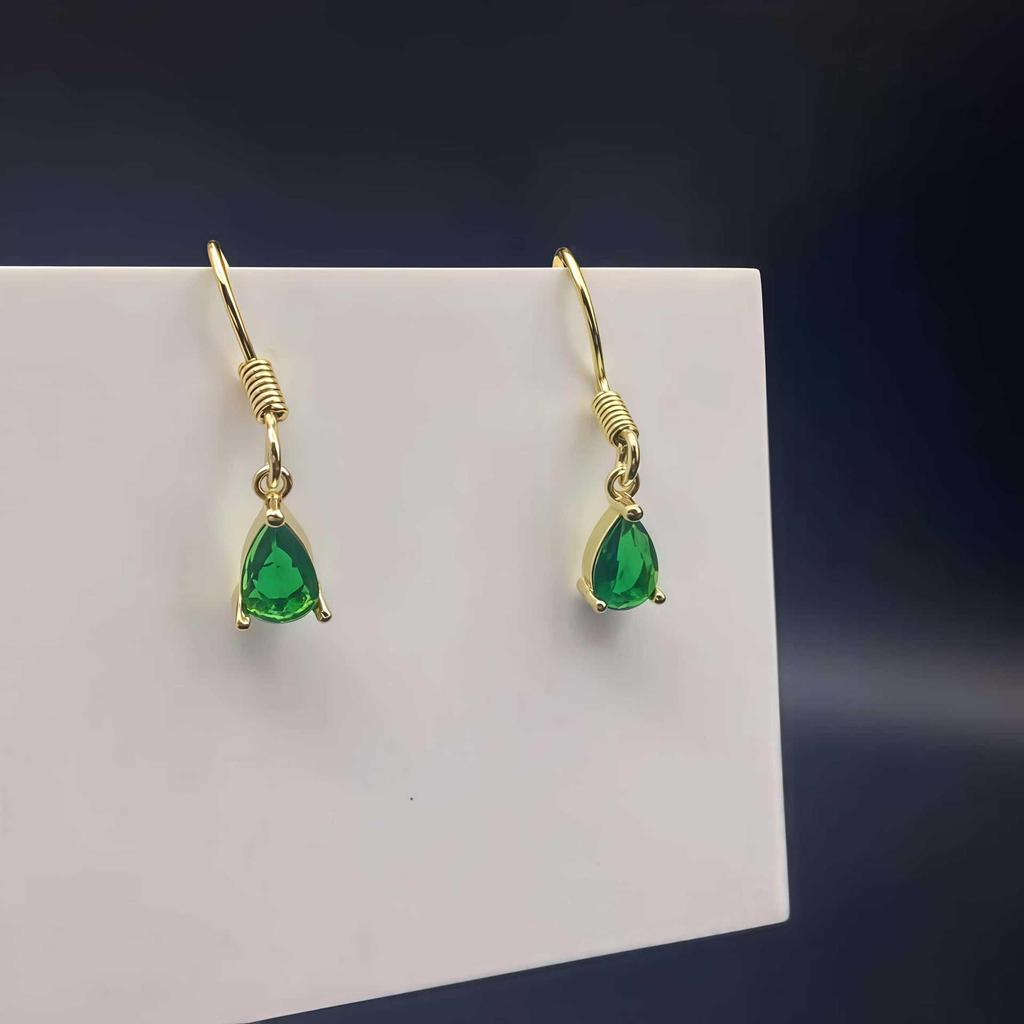 18K Gold Plated S925 Sterling Silver Vintage Emerald Teardrop Earrings with Ear Hooks