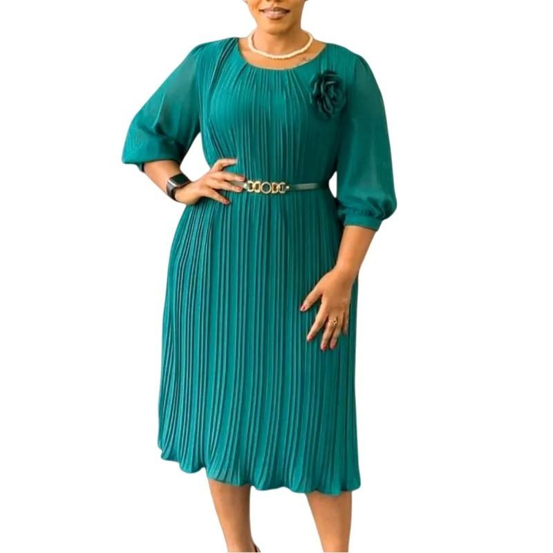 African Dresses Women Elegant Sleeve Polyester High Waist Pleated Midi Dress Dashiki Africa Clothing