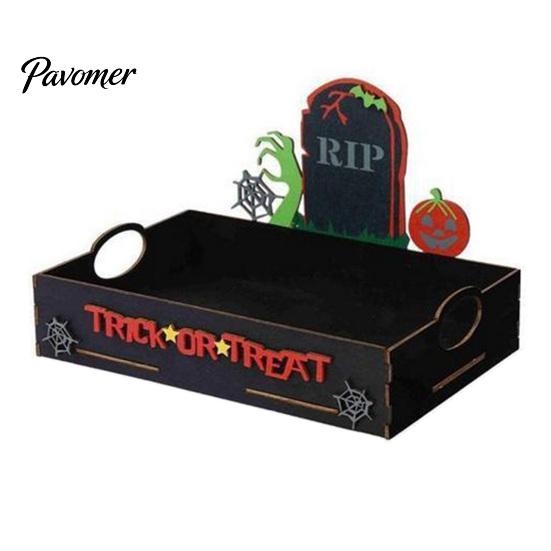 Pumpkin Table Decor Halloween Witch Decorative Wood Serving Tray with Handle, Ghost Castle Trick or Treat Dessert for Party Accessories Wooden Platter