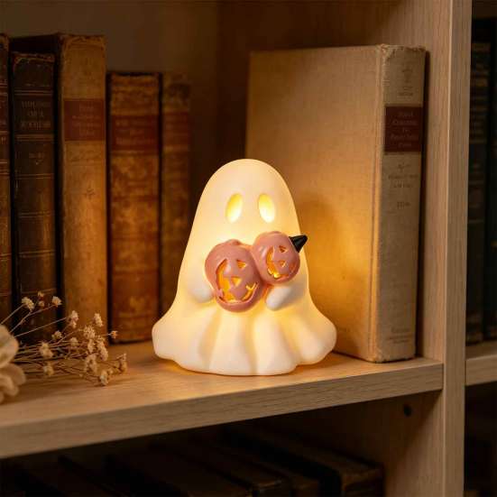 Farmhouse Halloween Decor Glowing Ghost Figurine, LED Light Up Ghost, Tabletop Pastoral Holiday Display for Tiered Tray Mantel Shelf And Indoor Autumn