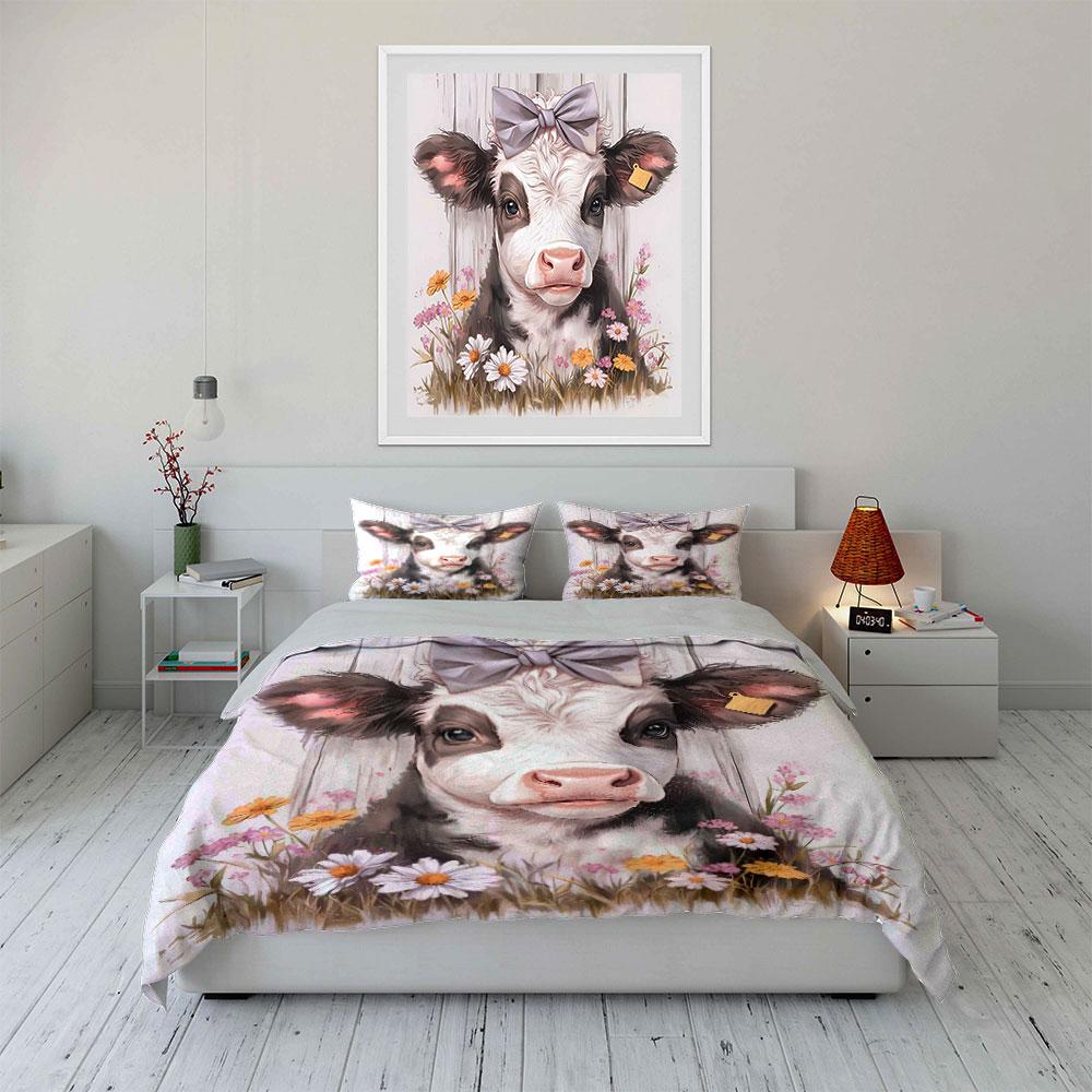 Cute Calf With Floral Decoration Duvet Cover Set With 3D Printing Design Soft Polyester Bedding Set All-Season Comfort