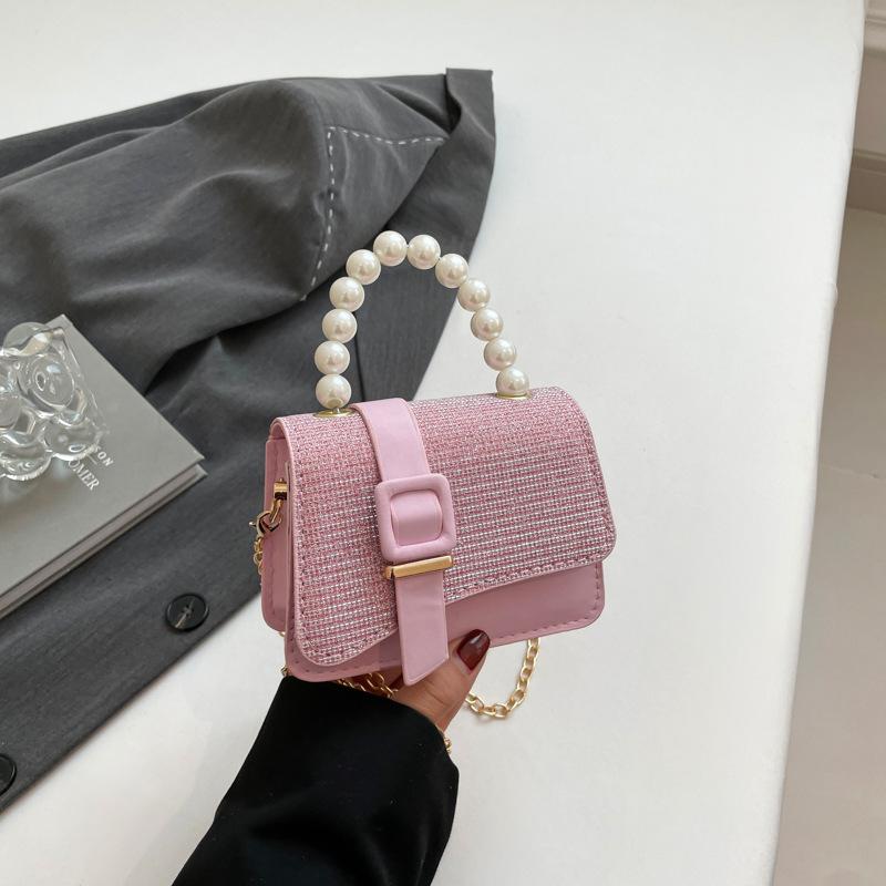 

Simple, shiny and fashionable spring new solid color texture pearl portable chain crossbody women s small square bag розовый