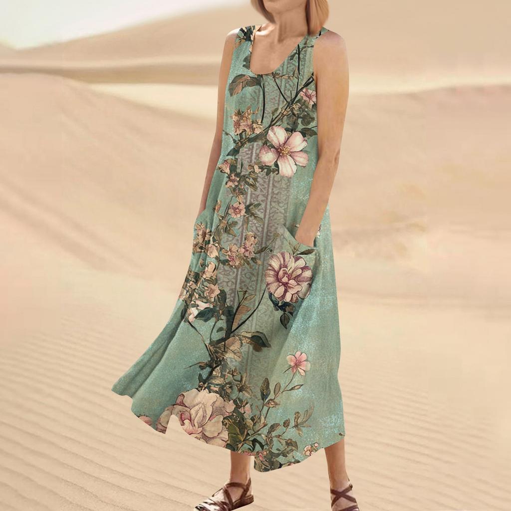 Women's Summer Casual Fashion Flower Printed Sleeveless Round Neck Pocket Dress