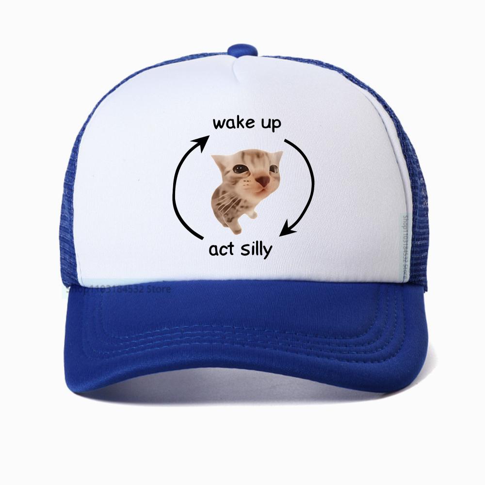 Funny Wake Up Act Silly Cat Print Graphic Baseball Cap Hip Hop Summer Mesh Breathable Trucker Hat Casual Fashion