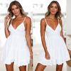 Women Slim Breathable Halter Skirt Sexy Lace Solid Color Patchwork Backless Sleeveless Casual Dress
