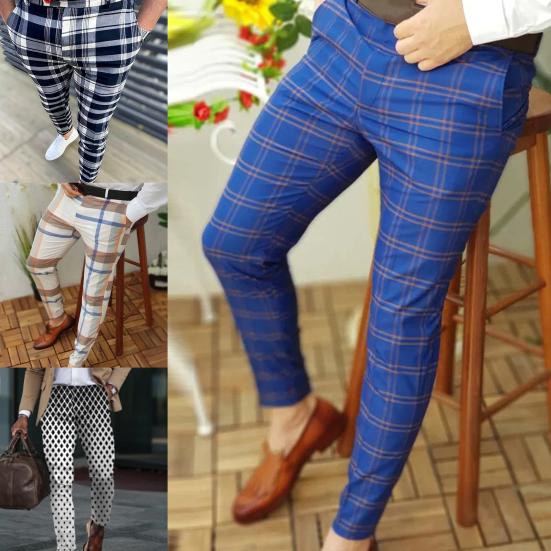 Męskie spodnie Plaid Mid Waist Slim Fit Odporne na zużycie spodnie wiosenne do pracy