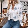 Elegant Women Casual Floral Print Cropped Jacket Long Sleeve Zippered Coat Autumn Winter Outerwear