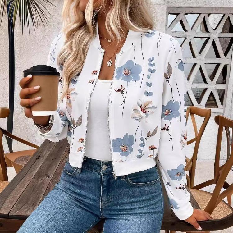 Elegant Women Casual Floral Print Cropped Jacket Long Sleeve Zippered Coat Autumn Winter Outerwear