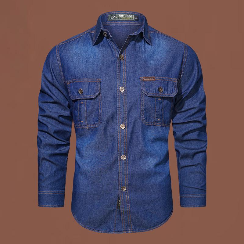 Men's Casual Washed Denim Long Sleeve Shirt - Pure Cotton and Bamboo Blend