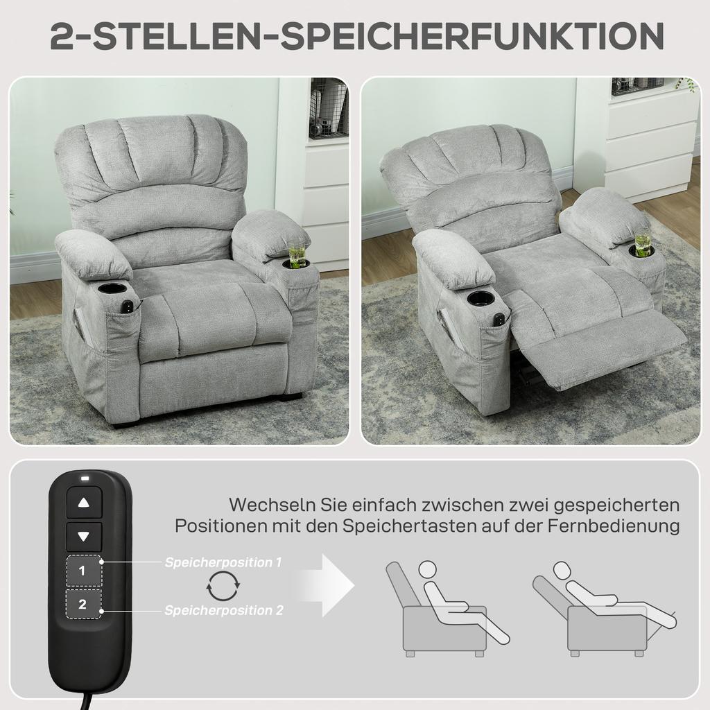 Elektrischer Fernsehsessel mit Liegefunktion, USB, Getränkehalter, 2 Speicherpositionen für das Wohnzimmer, grau