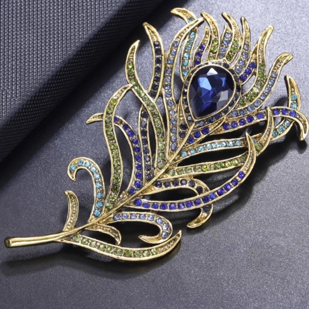 Blue Crystal Peacock Feather Brooch: Elegant Retro Women's Coat Accessory