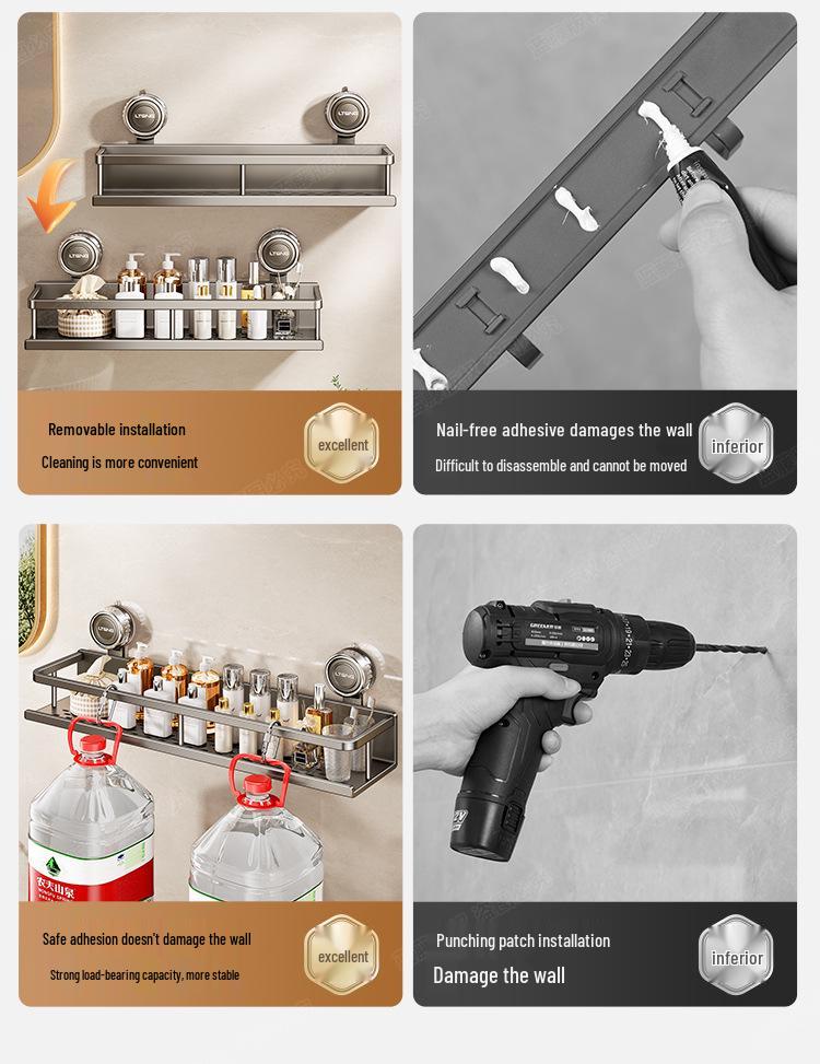 Wall-Mounted Aluminum Suction Cup Towel Rack & Bathroom Storage Shelf