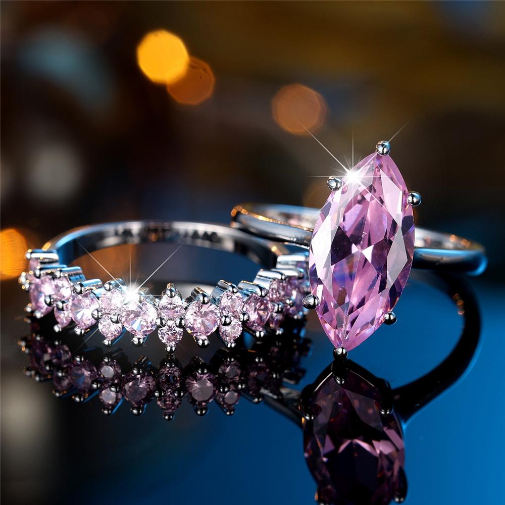Female Pink Zircon Stone Engagement Ring Set Vintage CopperColor Bridal Wedding Bands Party Jewelry For Women