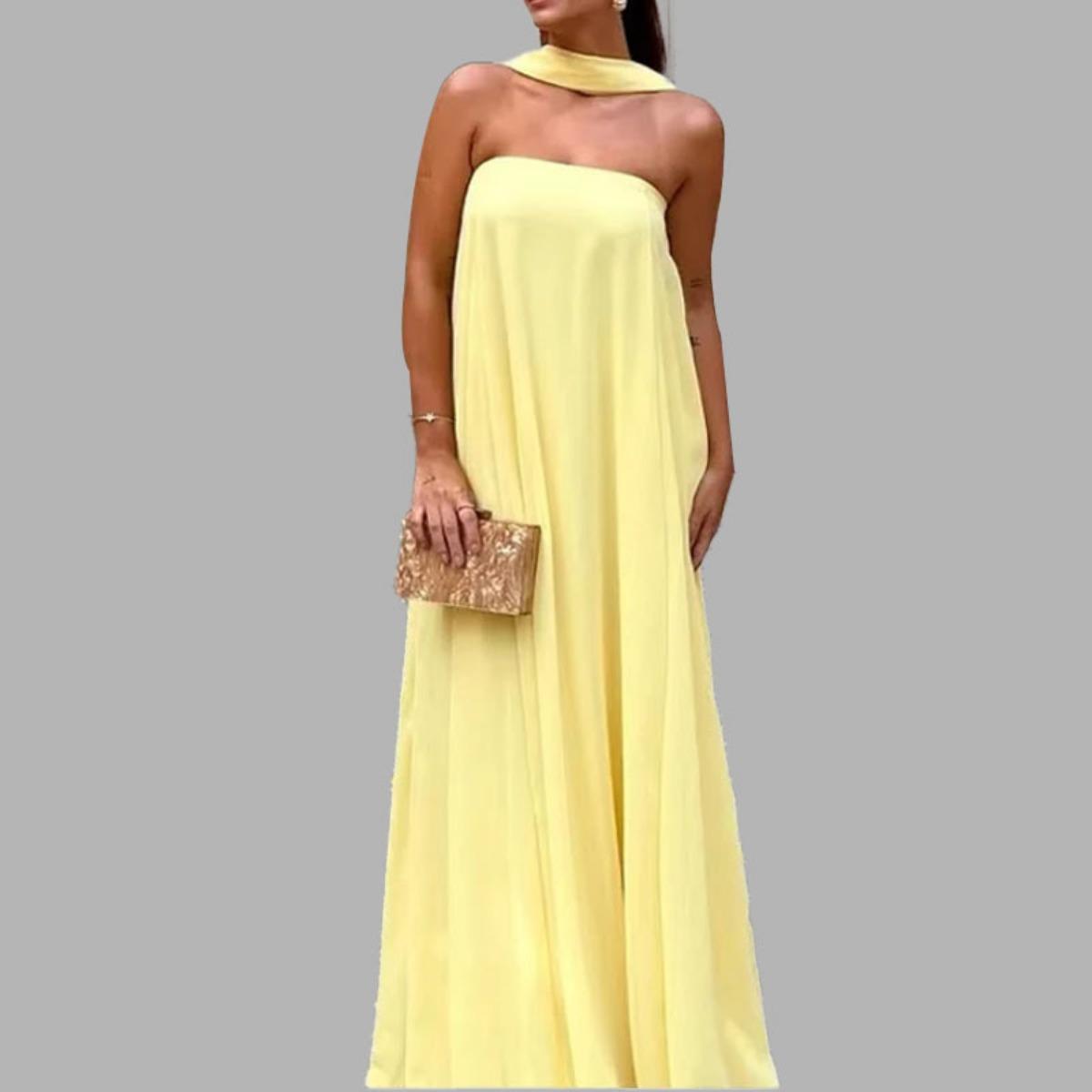 

Spring New Arrival Women s Elegant Solid Color Strapless Splicing Evening Party Dress, European American Style Crossborder Women Clothing 3XL жовтий