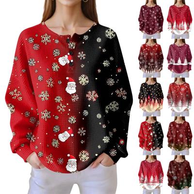 Damen Modische Lässige Weihnachts-Print V-Ausschnitt Langarm Knopfleiste Bluse