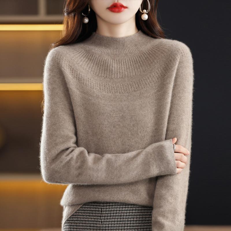 Half Turtleneck Cardigan for Women In Autumn and Winter New First-line Ready-to-wear Wool Knitted Base Shirt Fashionable and Versatile Hollow Top