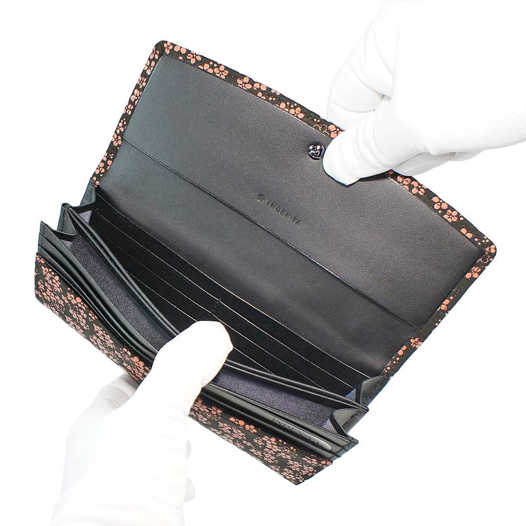 Inden Long Bundle Large Black Background X Pink Pattern [Indenya] Wallet, S, Capacity, Deerskin, Lacquer, Forget-me-not 2310-51-181