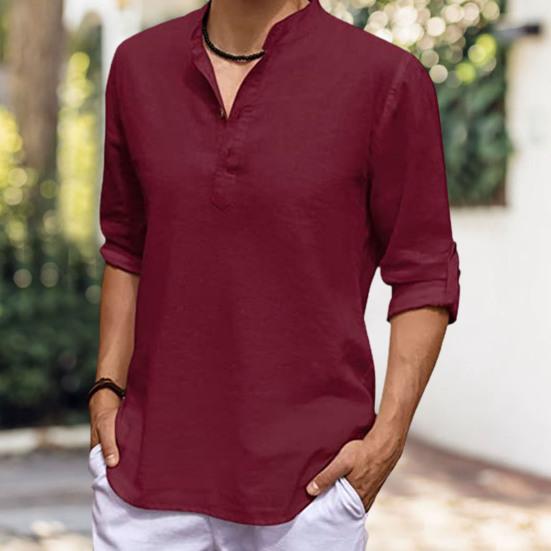 Camicia da uomo tinta unita manica regolabile pullover colletto alla coreana manica lunga top estivo capo quotidiano