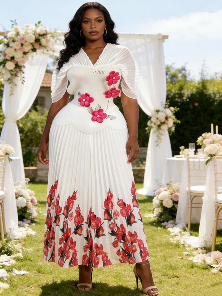 Miyake Pleats Elegant Plus Size Set with Bubble Sleeves and Rhinestone Floral Design