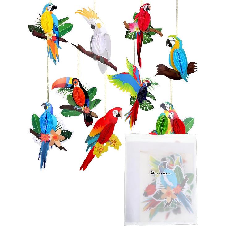 Spakon 9 Pieces Tropical Birds Honeycomb Paper Cutouts Rio Luau Party Hanging Decorations Rainforest Hanging Paper Birds Hawaiian Parrot Honeycomb