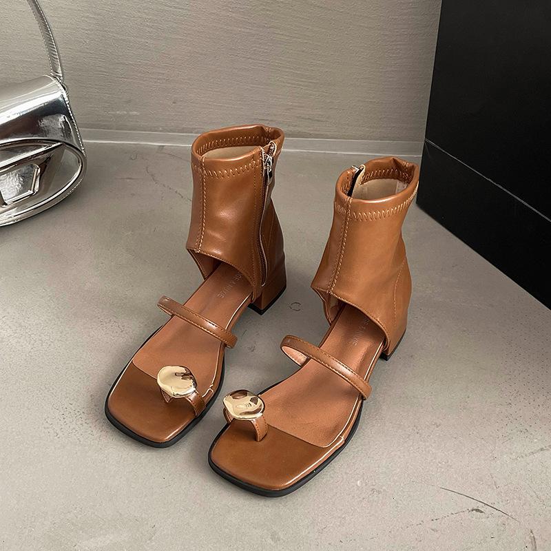 Design sense niche side zipper black 2025 new hollow thick heel sandals women's summer square head cool boots cover toe cool boots