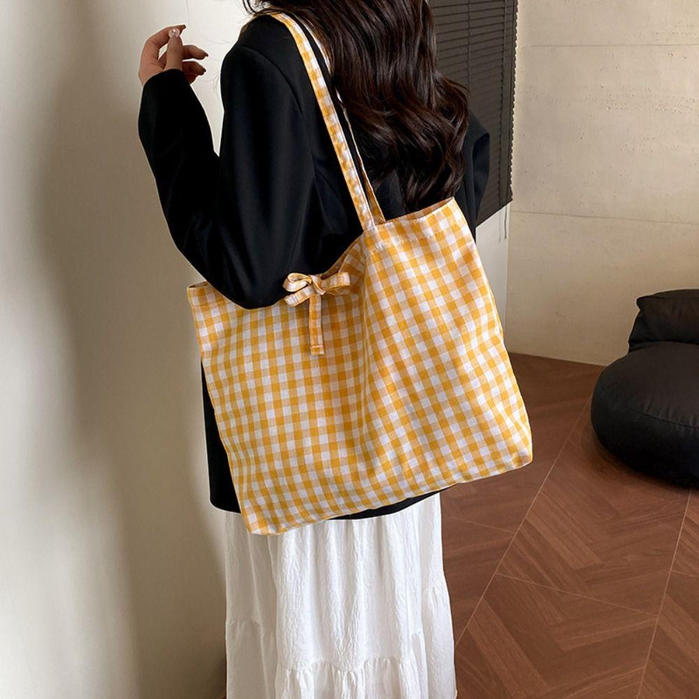 Check Lattice Tote Bag Grid Canvas Bag Portable Red Plaid Shoulder Bag  Streetwear