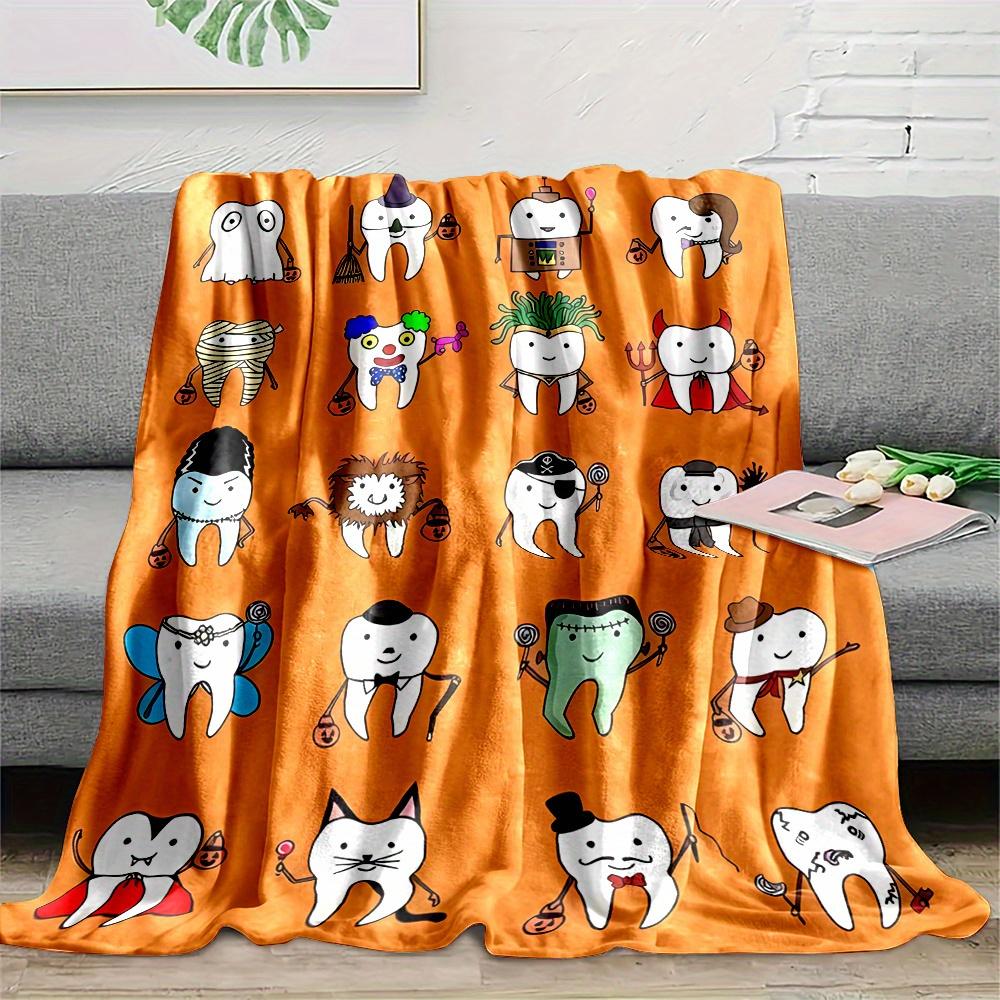 1pc, Cartoon Teeth Print, Reversible Flannel Fleece Blanket, Contemporary Style, All-Season, No Shedding, Durable, Sof