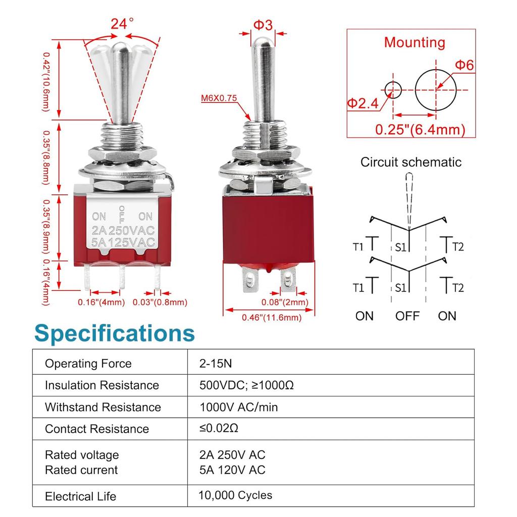 Heschen Mini Toggle Switch, MTS-223, (ON)-Off-(ON) Momentary Type, DPDT, 6 Pin, 2A 250V, 6A 125V, Pack of 5