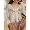 Womens Loose Fit Crochet Lace Knit Top With Puff Sleeves Round Neck Mesh Fabric Office Chic Style
