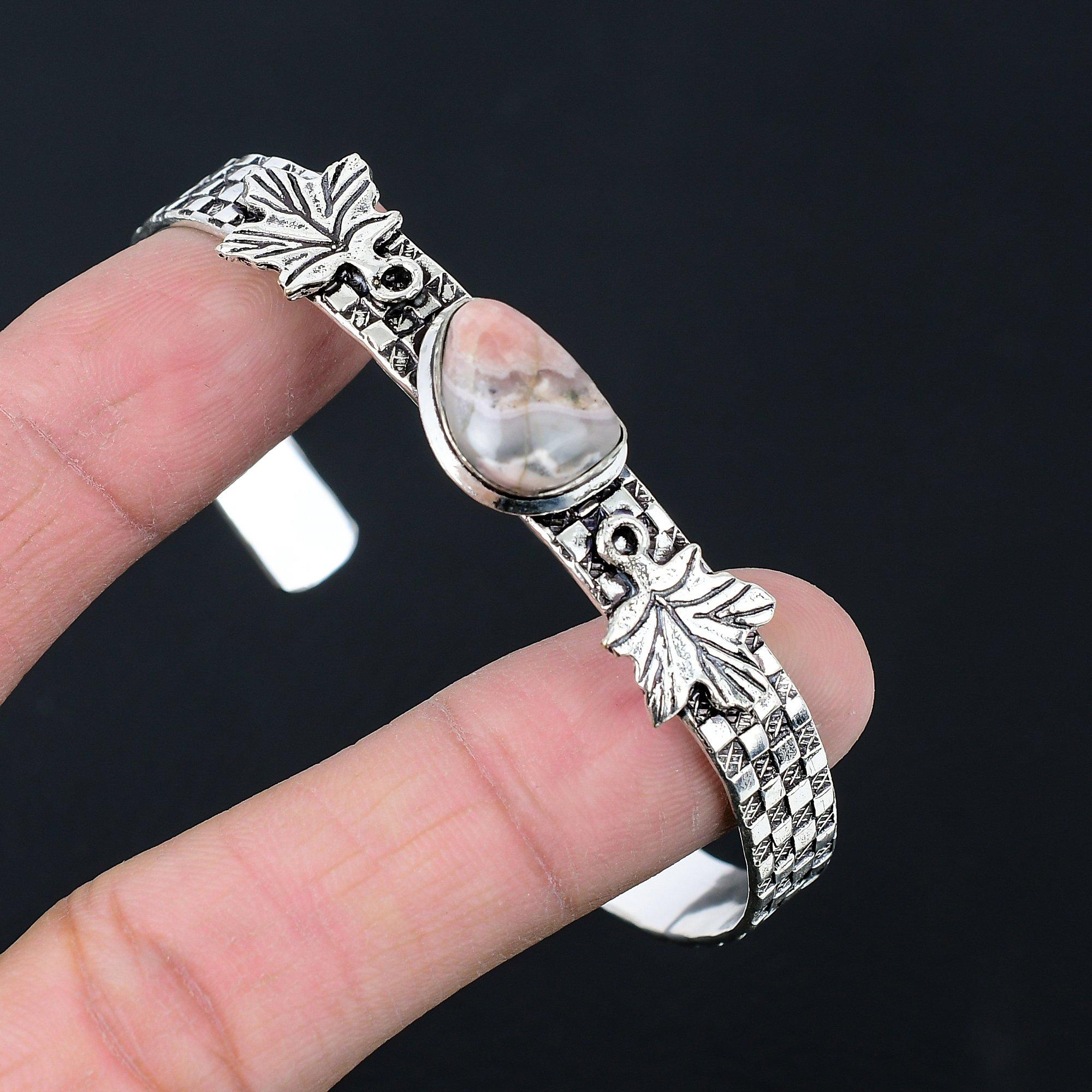 

Daughters Day Sale Rhodochrosite Stone 925 Silver New Leaf Wife Bangle Bracelet Adjustable