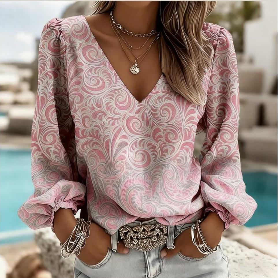 

Retro ethnic V-neck women s long-sleeved top with Bohemian-style fringed sleeves - versatile and suitable for outdoor gatherings. XXL рожевий