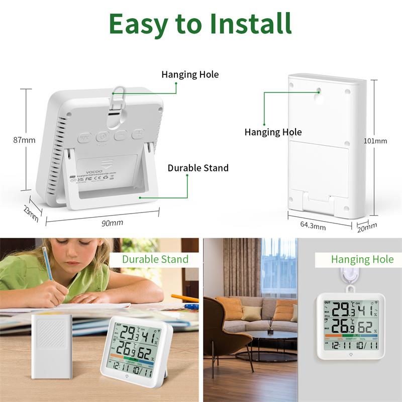 NOKLEAD LCD-Digitalthermometer Hygrometer Innen-/Außentemperatur-Feuchtigkeitsmessgerät Temperatur- und Feuchtigkeitssensor Büro Zuhause
