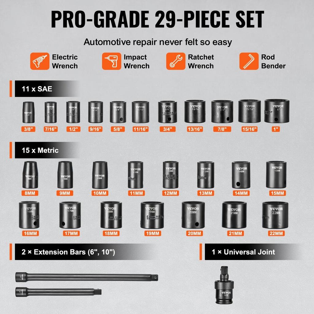 Impact Sockets Set 29pcs 6-Point 3/8in Drive Bit Ratchet Tool Kit Case