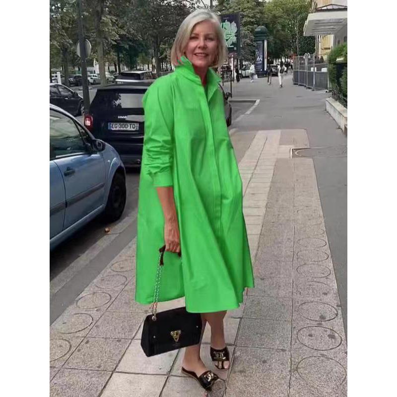 Vestido camisero suelto simple con solapa de manga larga de color sólido para mujer
