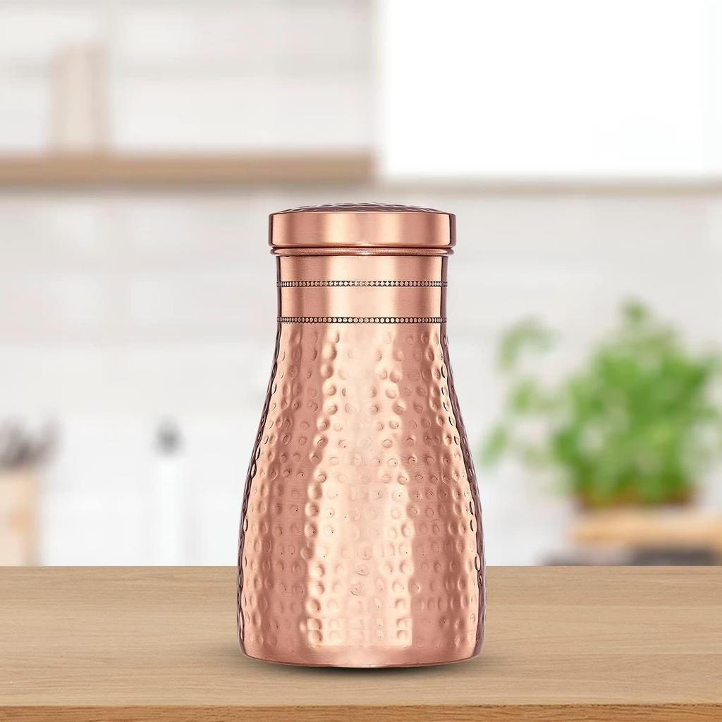 Copper Water Bottle  Bedside Bottle with Glass  Hammered Finish 1000 Ml