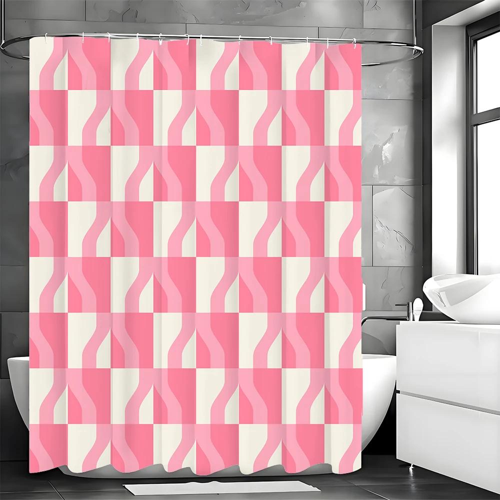 Pink Geometric Creative Shower Curtain, Bathroom Decorative Shower Curtain, Waterproof Shower Curtain With Hooks