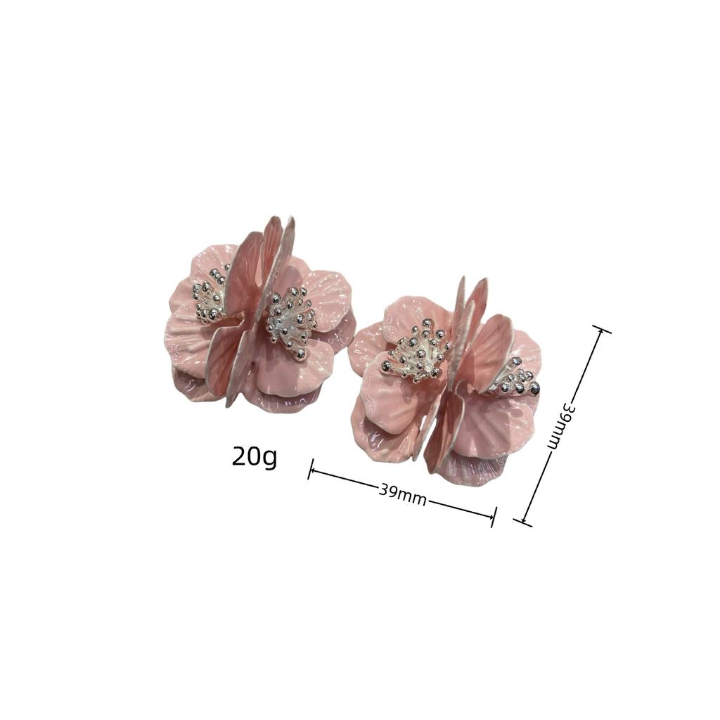 French Retro Design Dripping Oil Pink Peony Flower Stud Earrings Women'S White Rich Flower Earrings Women'S