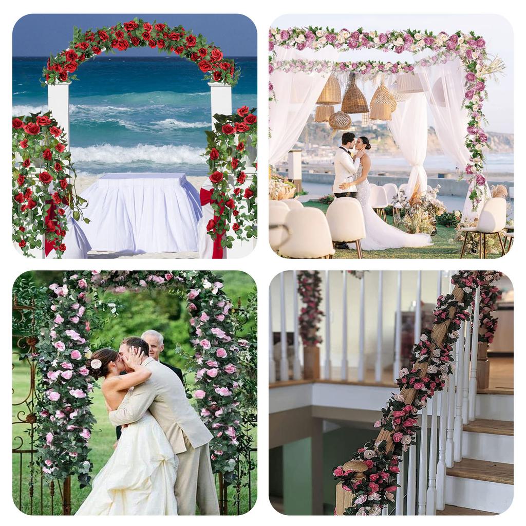 9 Flower Head Artificial Silk Rose Ivy Garland Fake Flower Vine with Green Leaves for Wedding Party Home Decor, DIY Wreath