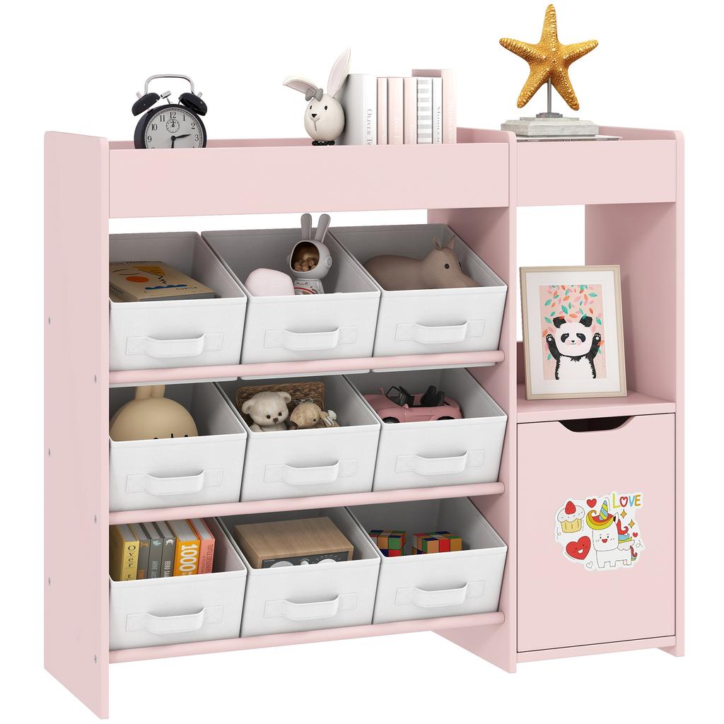 Kids Toy Storage, 9 Removable Fabric Bins, Wooden Toy Storage Units for Toys and Books for Bedroom, Nursery, Pink
