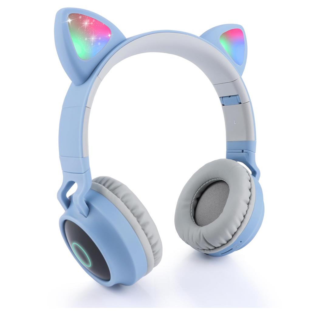 Cat Ear Headphones, Wireless Bluetooth Headphones with Built-in Microphone, Bluetooth 5.0, Foldable, LED-Powered, Rainbow Color Transforming,