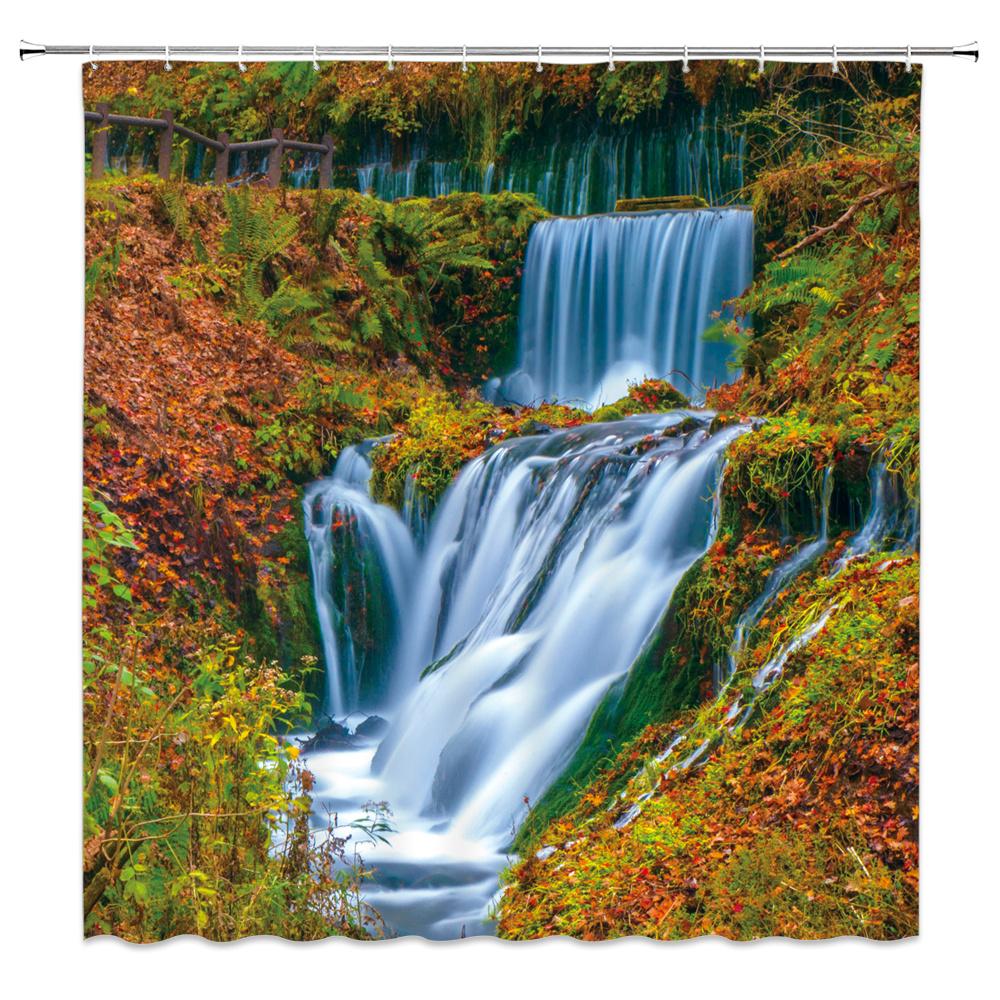 Natürliche Landschaft Duschvorhänge Wasserfall Grüne Wiese Blume Frühling Landschaft Badezimmer Dekor Wasserdichtes Stoffvorhang-Set