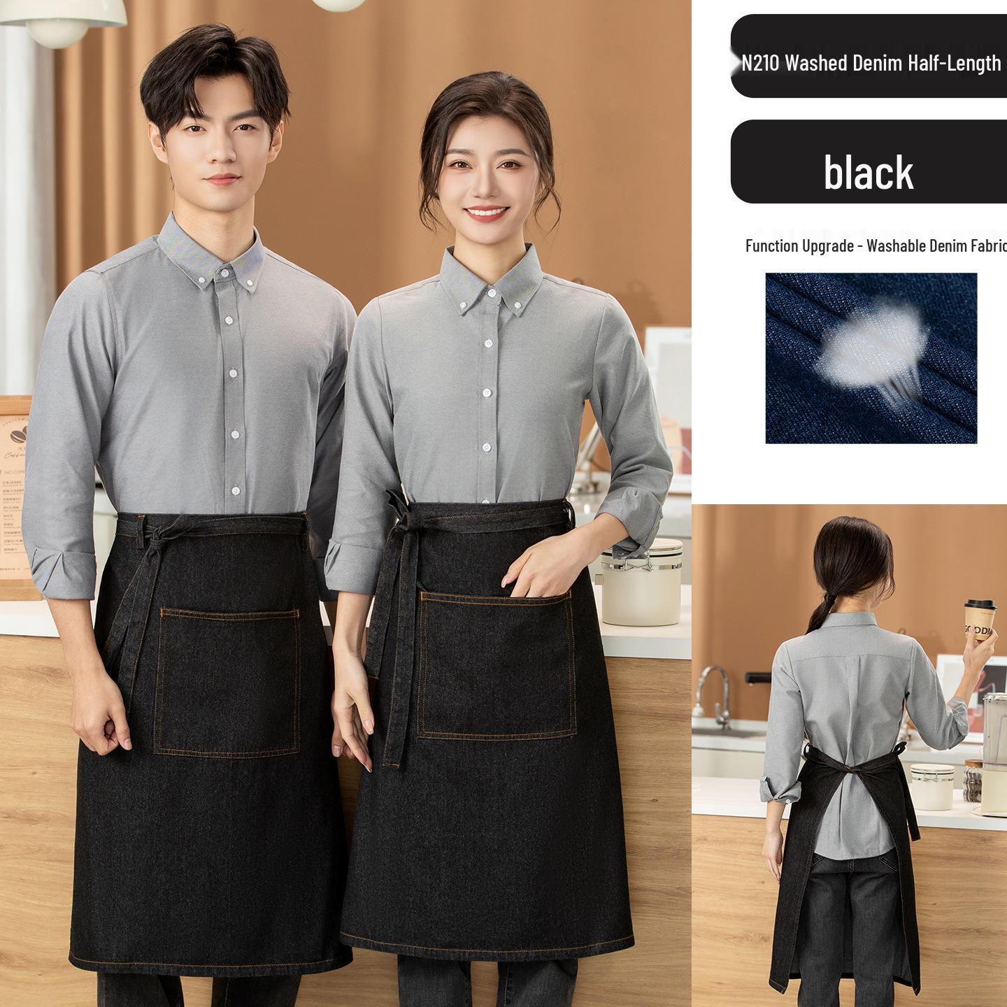 Korean-Style Denim Half Waist Apron for Restaurants - Custom Logo Available.