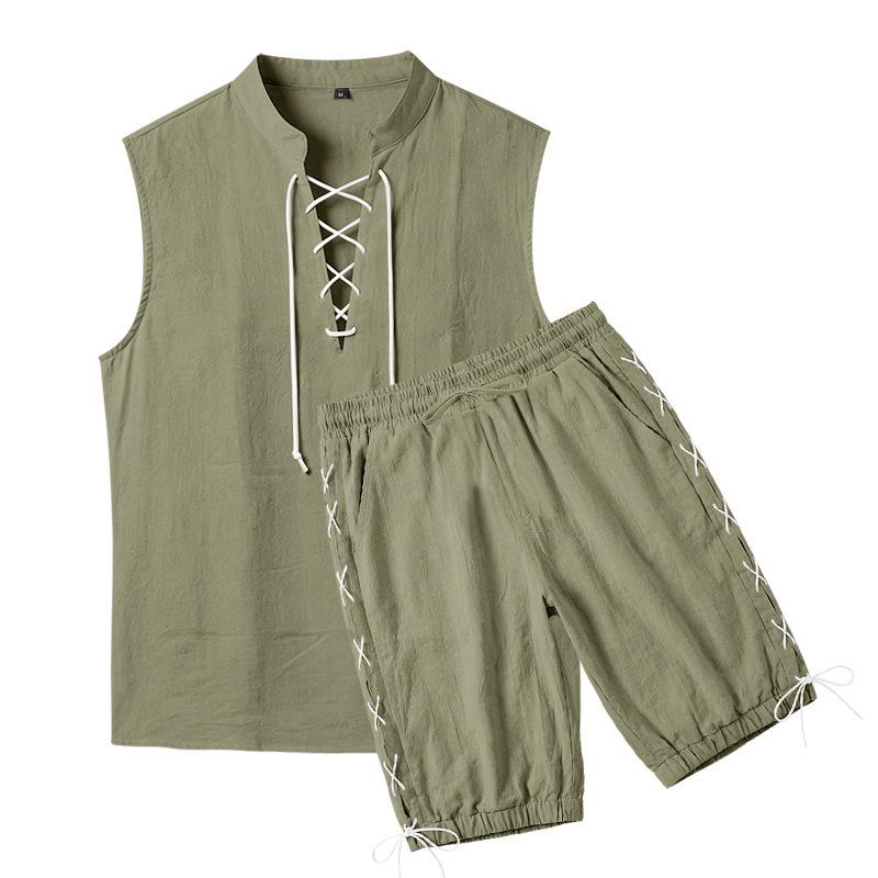 Men's Linen Plus Size Sleeveless Stand Collar Jogger Shorts Set with Drawstring